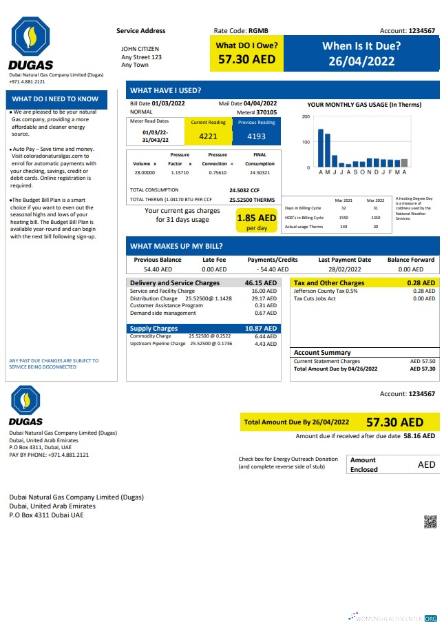 download UAE Dubai Natural Gas Company Limited (Dugas) utility bill template in Word and PDF format PDF template